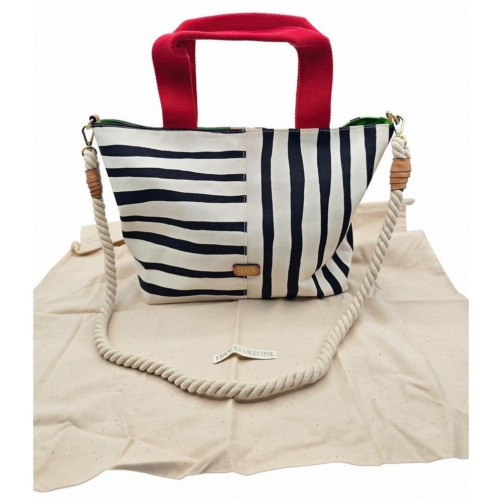Frances Valentine Striped Canvas Tote Bag Red Handles Rope Strap Black White